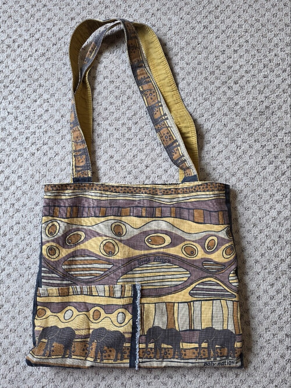 Poly Nation South Africa Reversible Elephant Print Tote Bag in Yellow and Brown